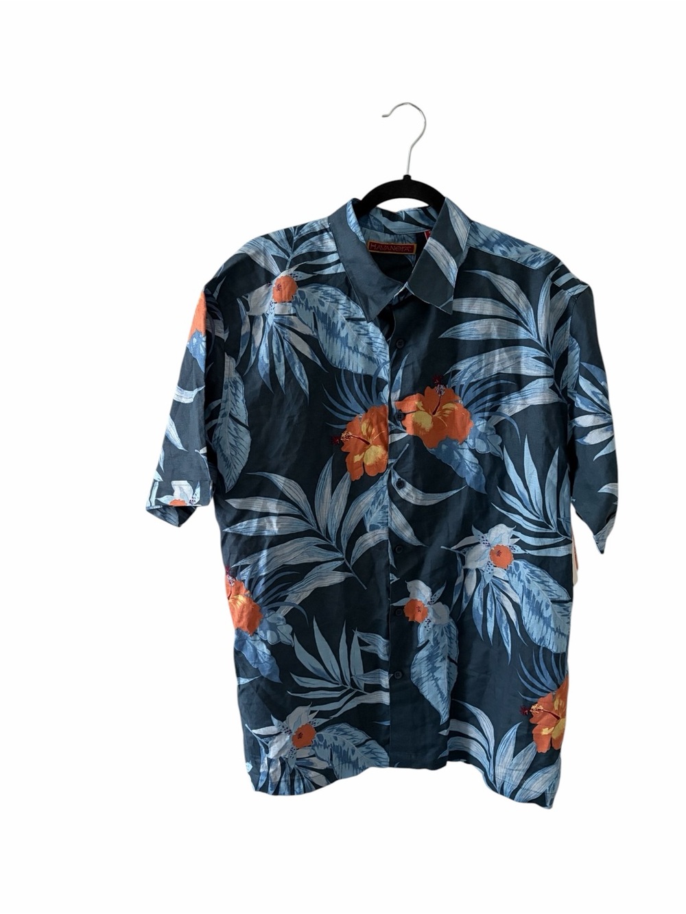 Havanera Men's Navy Floral Short-Sleeve Button-Up Shirt Linen Blend Size XL
